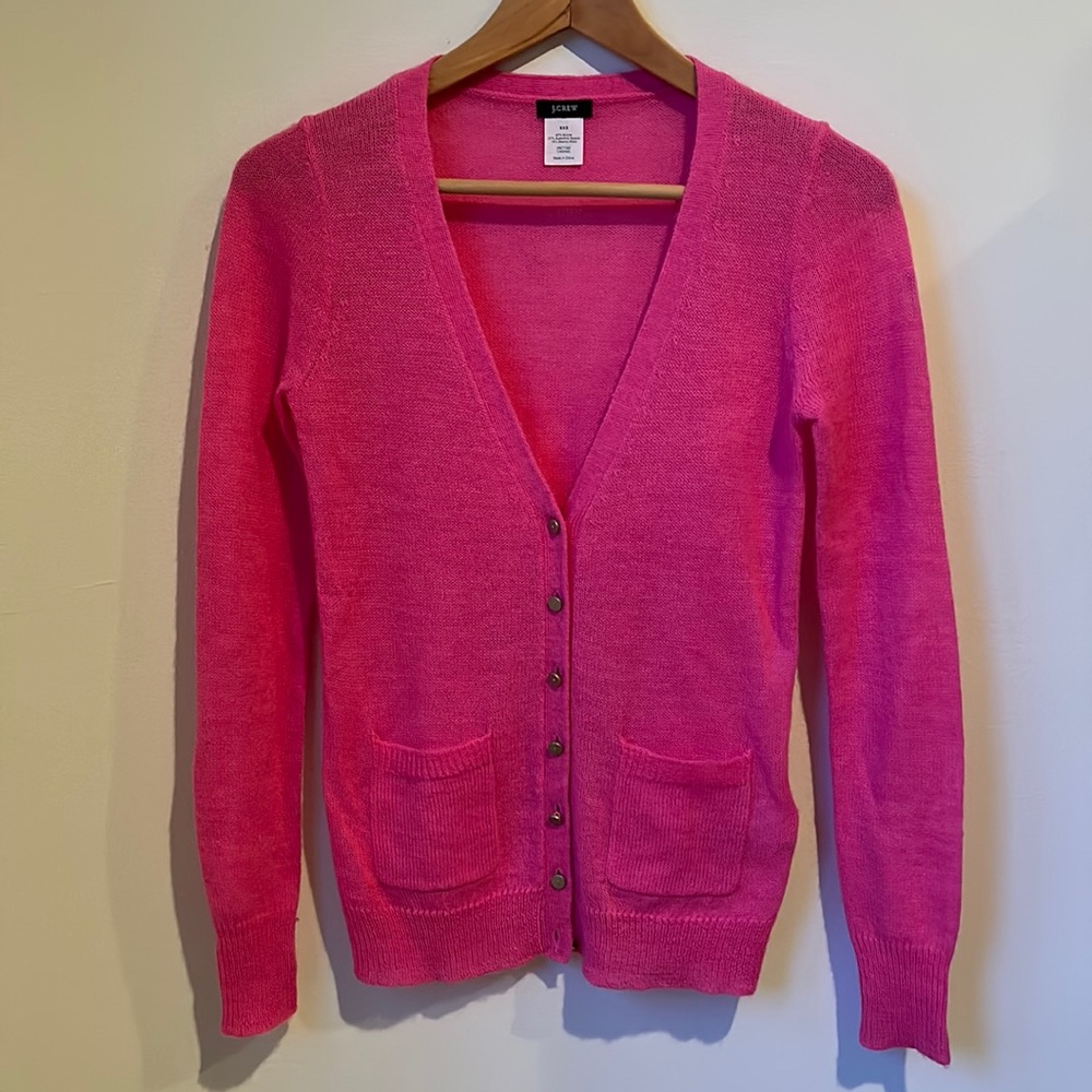 J Crew pink cardigan with silver / small diamond buttons in bright pink